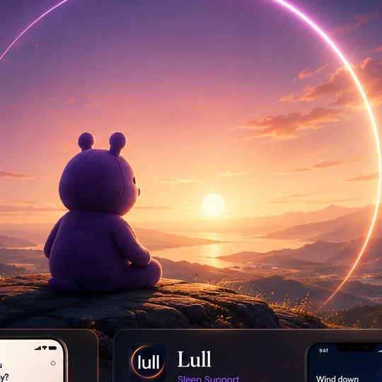 Beam artwork: the mascot watching a sunset inside a glowing ring of light