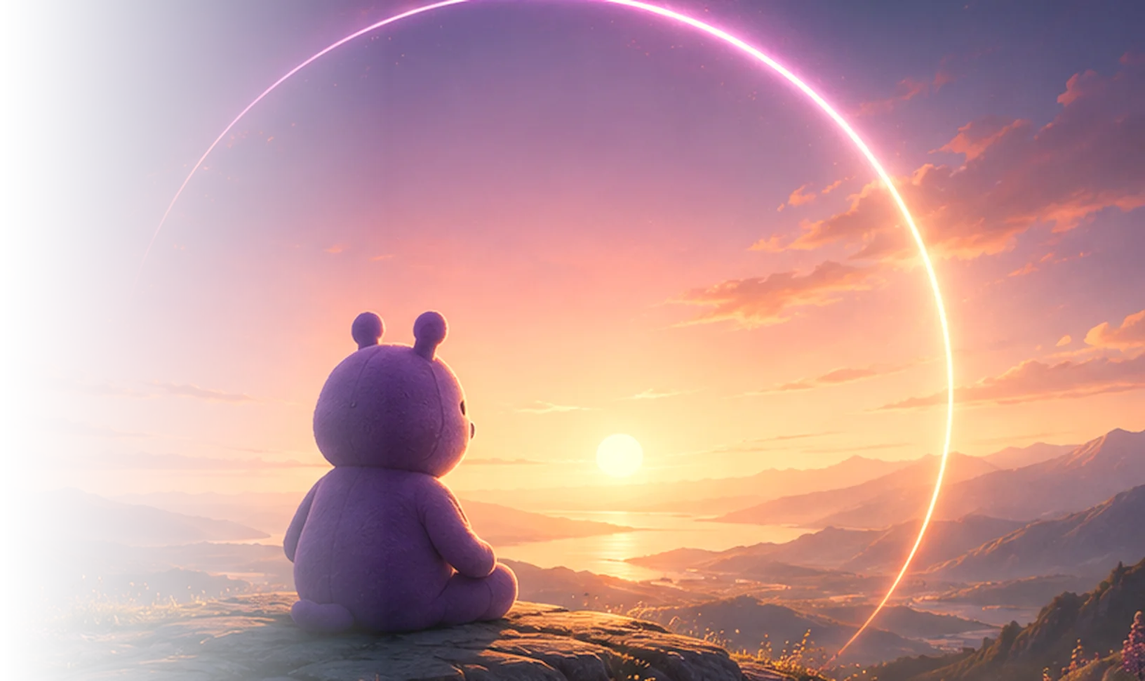 The Beam mascot sitting on a hilltop at sunrise, watching the light inside a large glowing ring