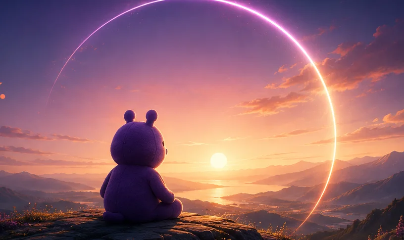 The Beam mascot sitting on a hilltop at sunset inside a glowing ring of light