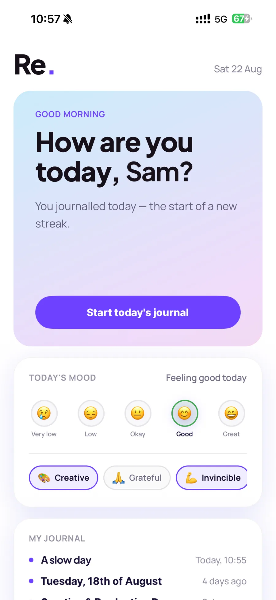 The Re. home screen: a personalised greeting, a Start today’s journal button, today’s mood scale with feeling tags, and recent journal entries