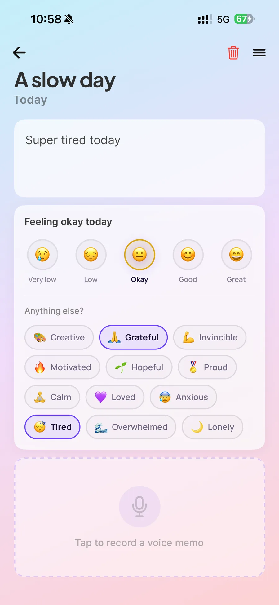 A Re. journal entry showing written text, the mood scale, feeling tags such as Grateful and Tired, and a voice memo area