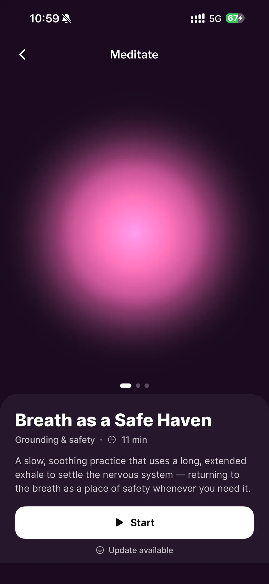 The Re. Meditate screen showing the practice Breath as a Safe Haven, tagged Grounding and safety, 11 minutes, with a Start button