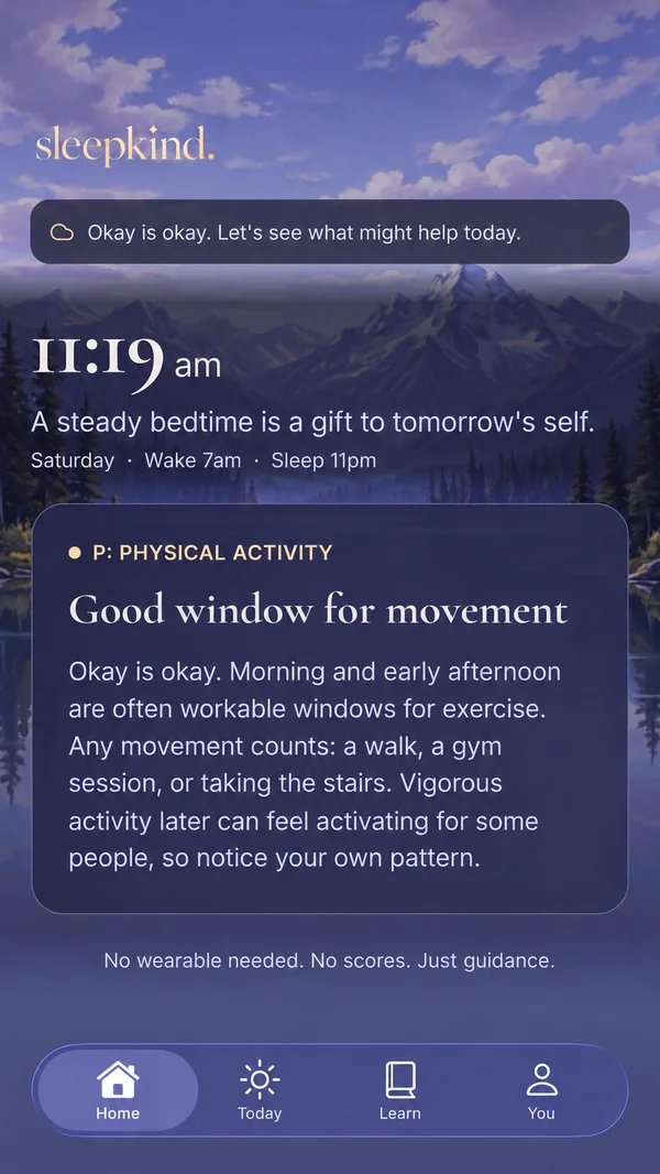 The sleepkind home screen at 11:19am, showing a card titled Good window for movement