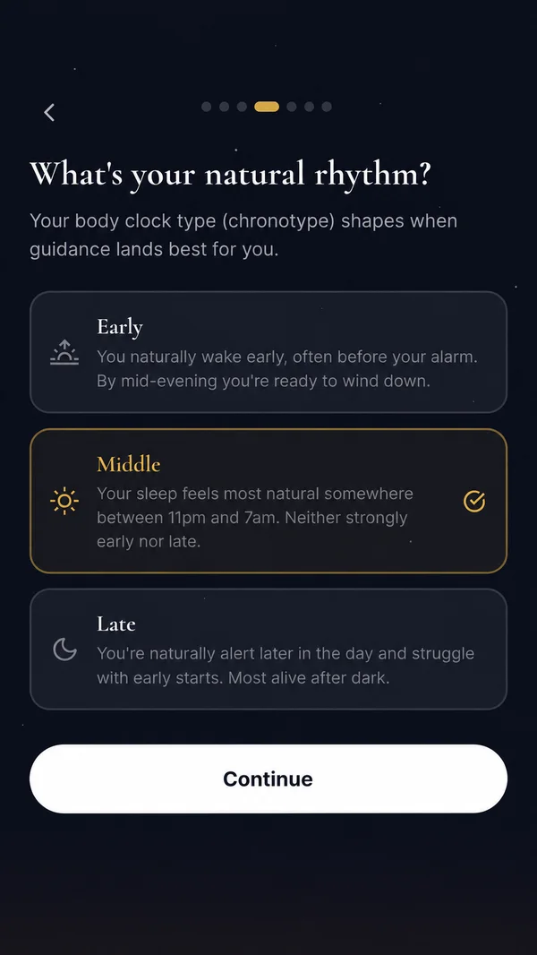 The setup screen What is your natural rhythm, with Early, Middle and Late options