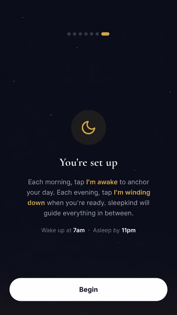 The You are set up screen explaining the I am awake and I am winding down taps