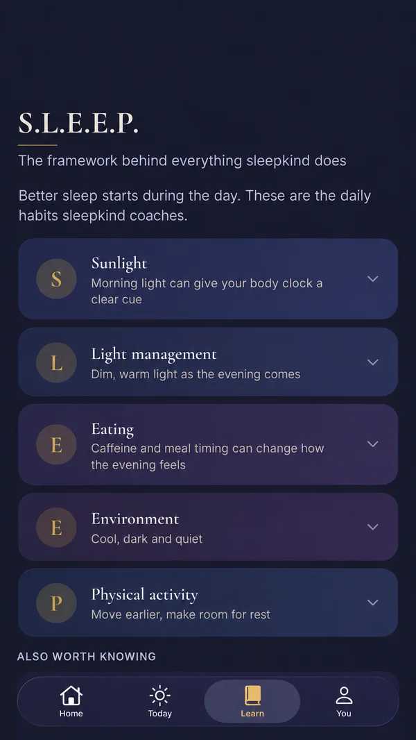 The S.L.E.E.P. screen listing Sunlight, Light management, Eating, Environment and Physical activity