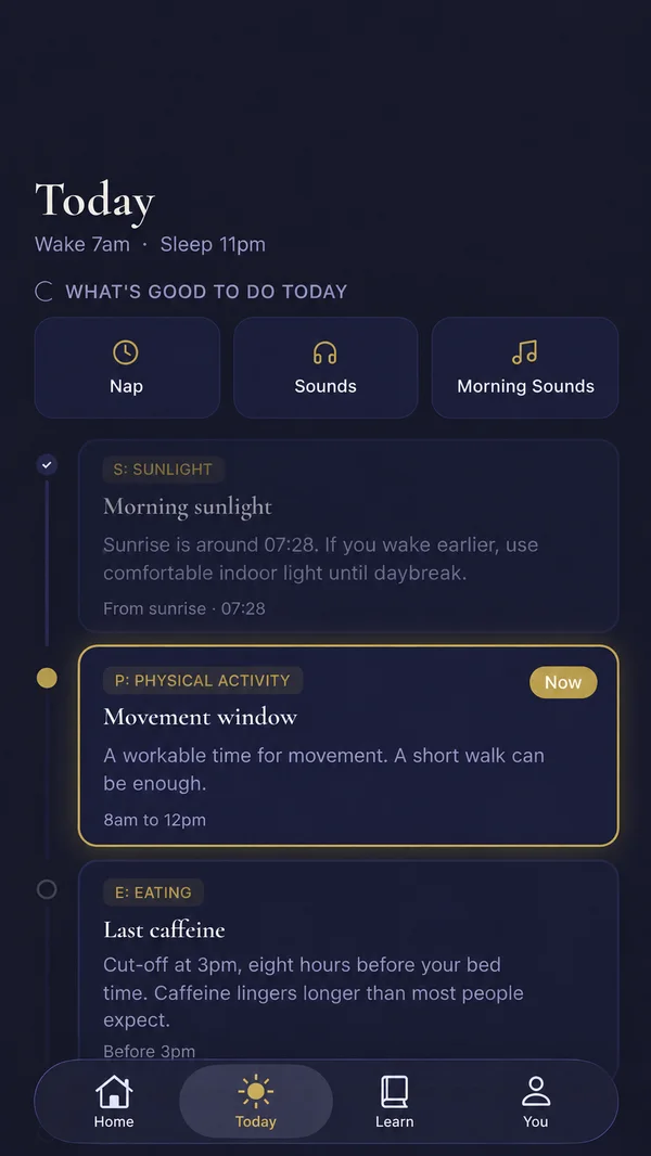 The Today screen: a timeline of morning sunlight, a movement window and last caffeine