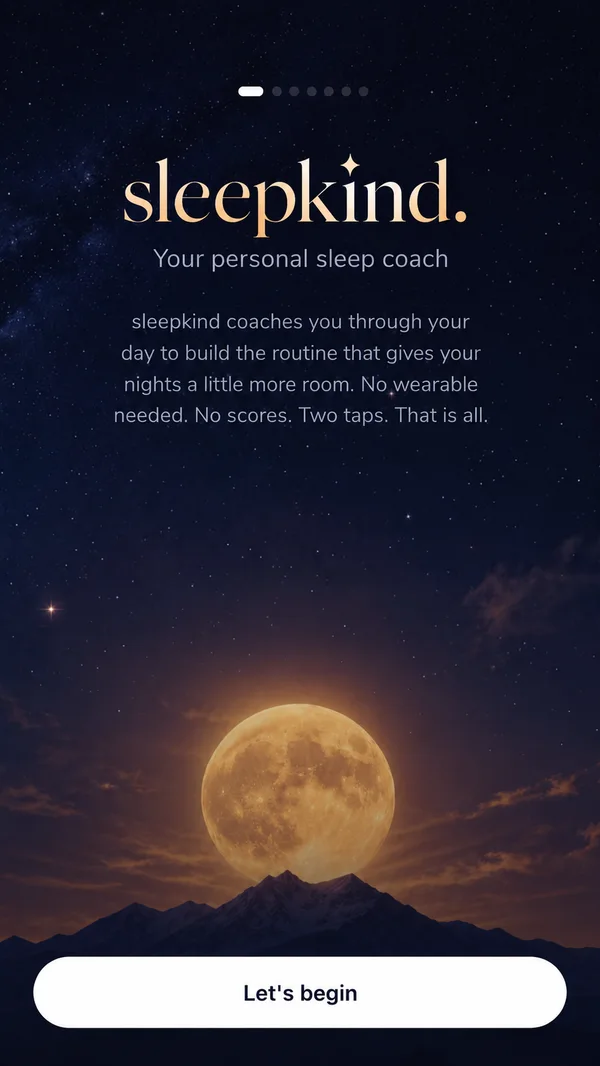 The sleepkind welcome screen: the sleepkind wordmark and the words Your personal sleep coach, above a golden moon rising over mountains, with a Let's begin button
